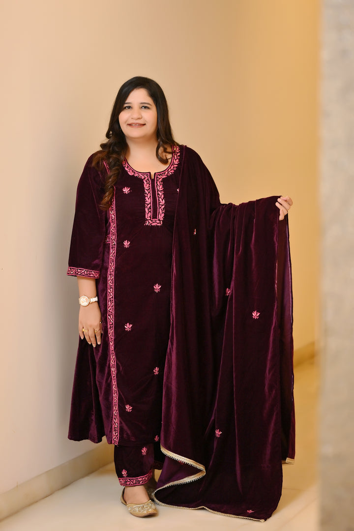 Wine A-line Velvet Chikankari Suit Set - Custom Made