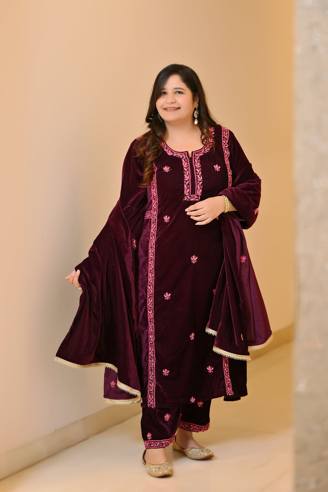 Wine A-line Velvet Chikankari Suit Set - Custom Made