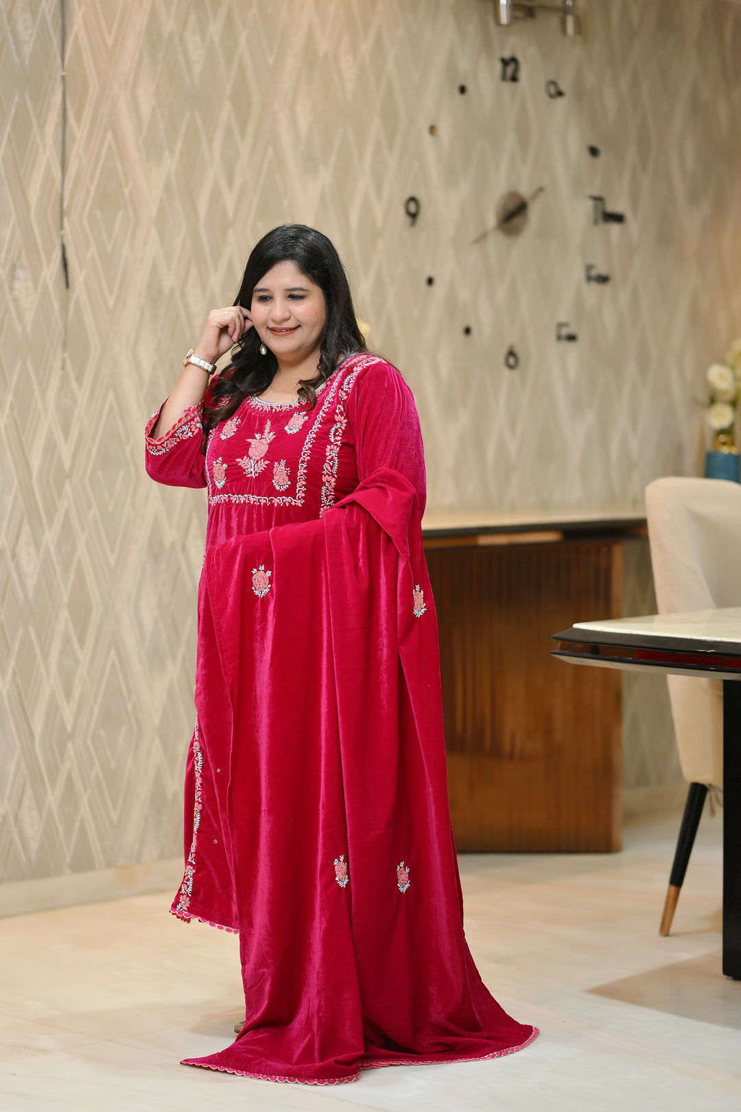 Rani Pink Velvet Chikankari Suit Set - Custom Made