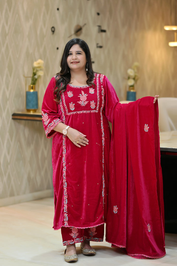 Rani Pink Velvet Chikankari Suit Set - Custom Made
