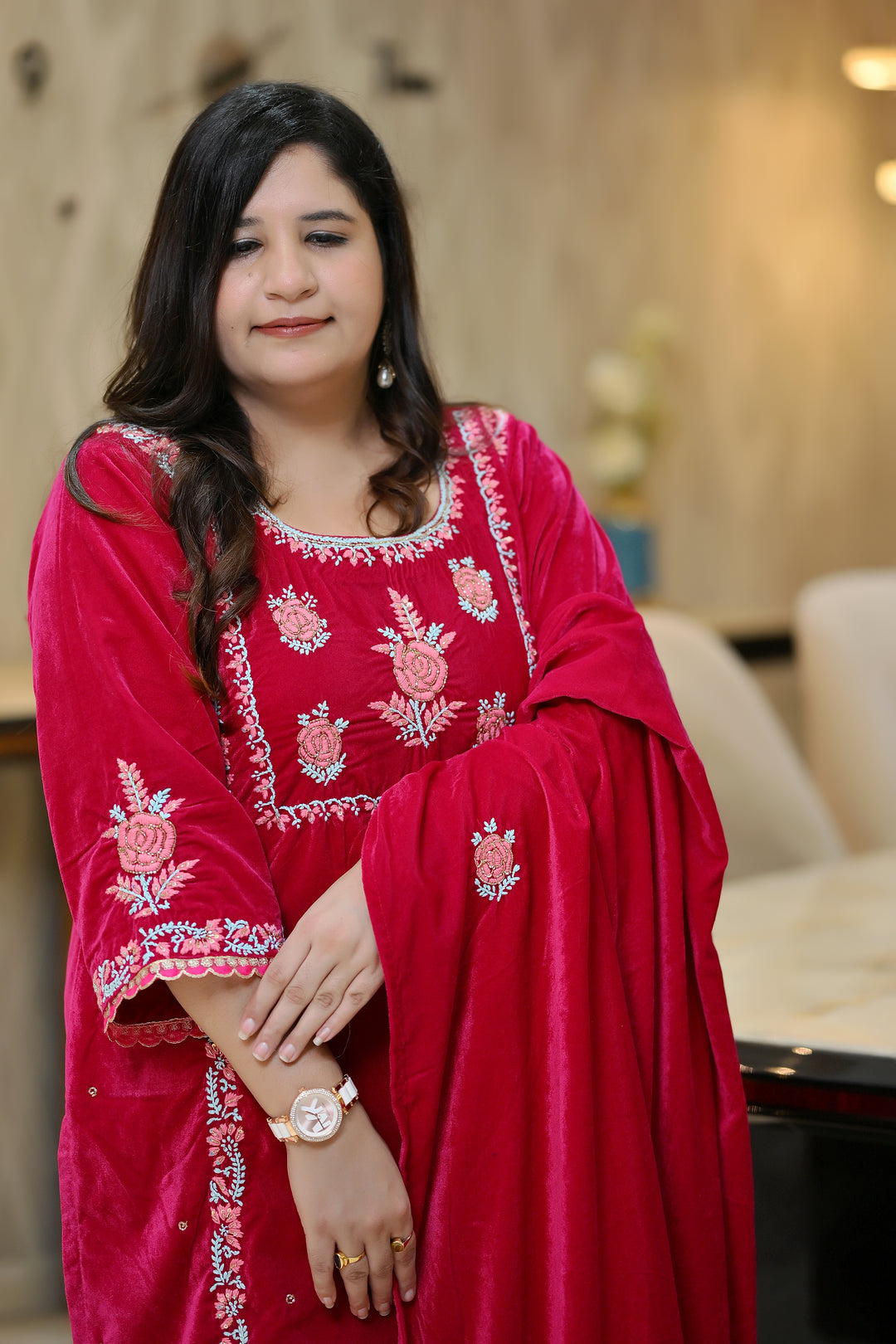 Rani Pink Velvet Chikankari Suit Set - Custom Made