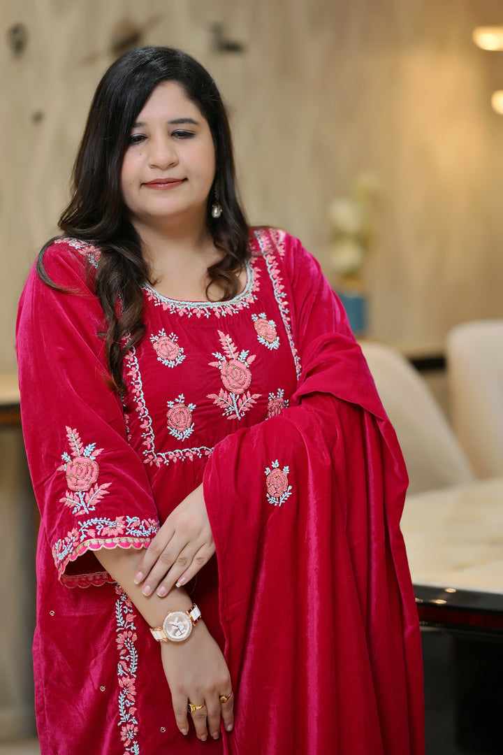 Rani Pink Velvet Chikankari Suit Set - Custom Made