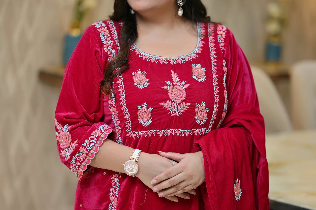 Rani Pink Velvet Chikankari Suit Set - Custom Made