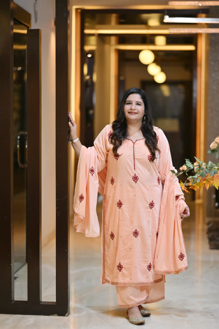 Light Peach Velvet Chikankari Suit Set - Custom Made