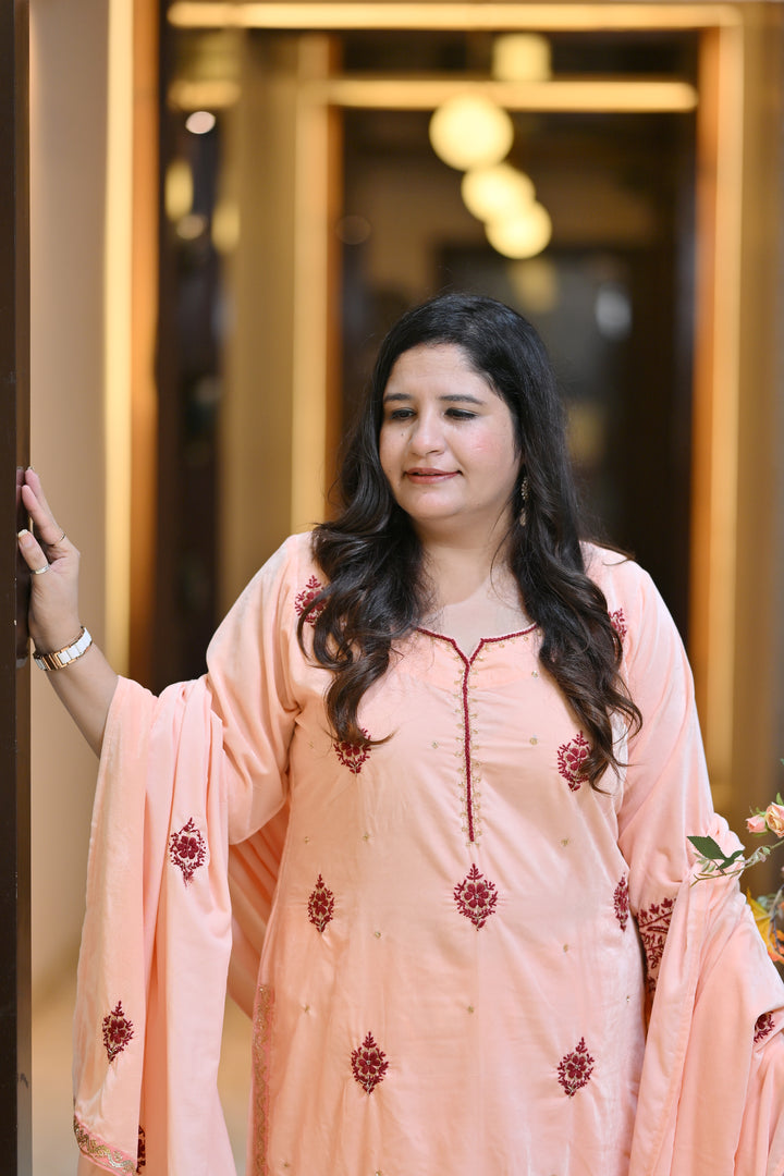 Light Peach Velvet Chikankari Suit Set - Custom Made