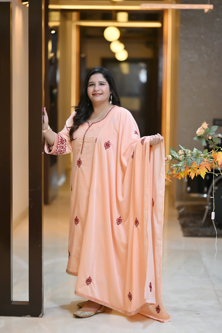 Light Peach Velvet Chikankari Suit Set - Custom Made