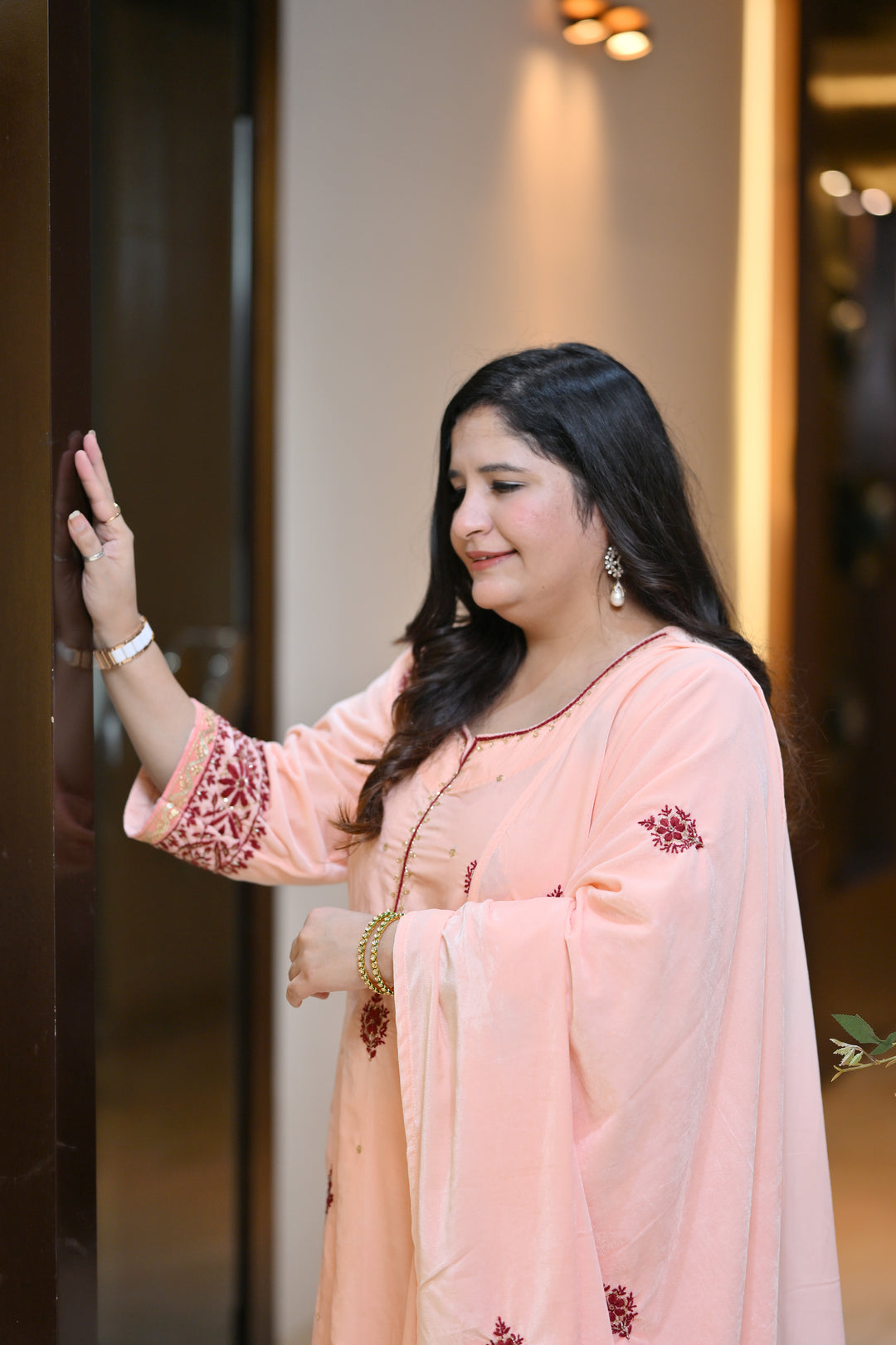 Light Peach Velvet Chikankari Suit Set - Custom Made