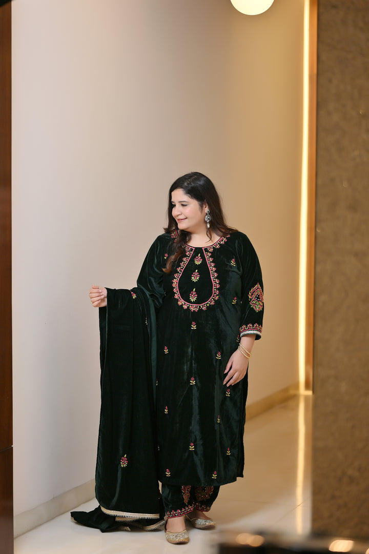 Dark Green Velvet Chikankari Suit Set - Custom Made