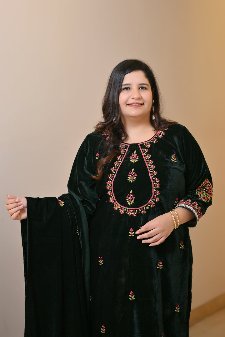 Dark Green Velvet Chikankari Suit Set - Custom Made