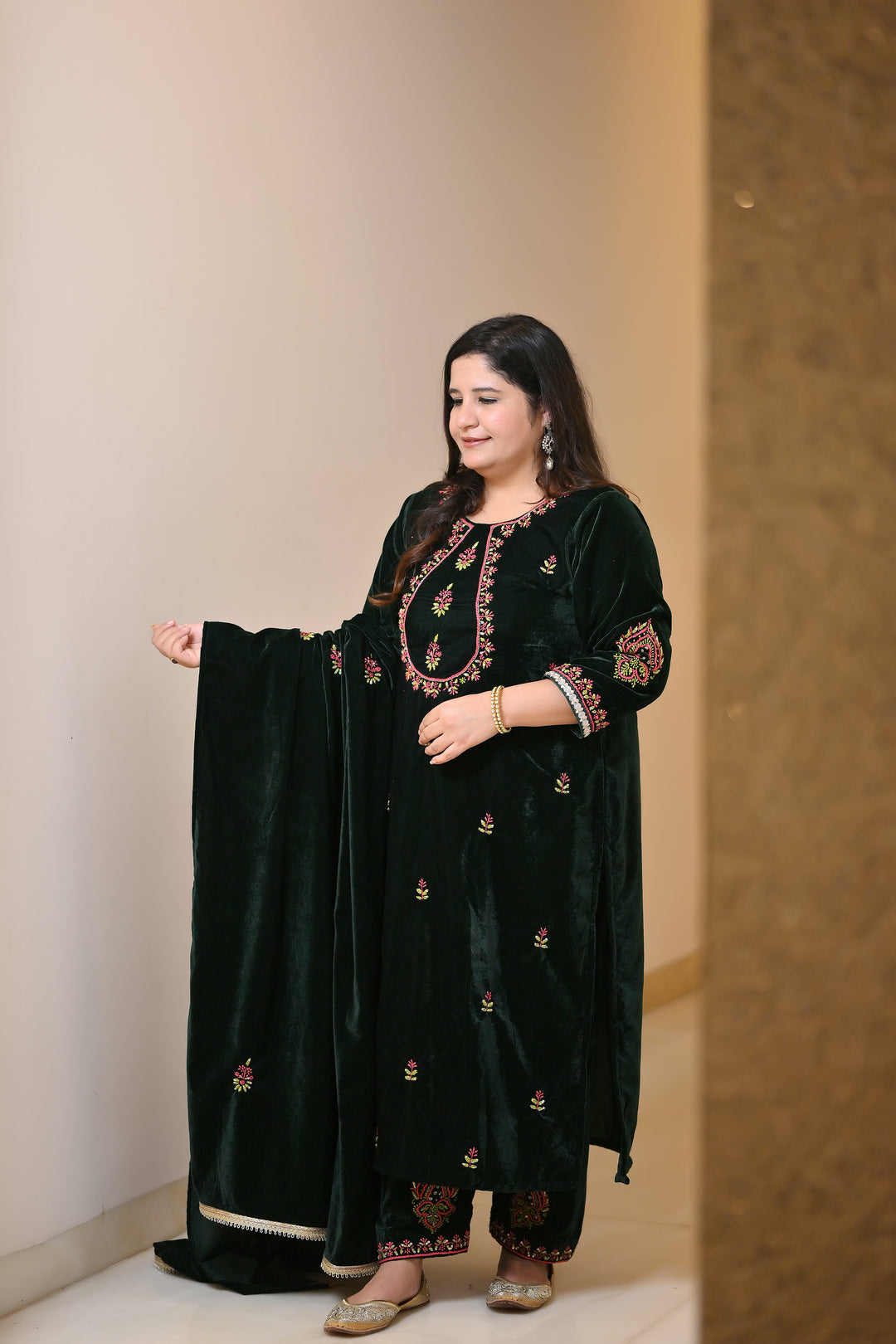 Dark Green Velvet Chikankari Suit Set - Custom Made