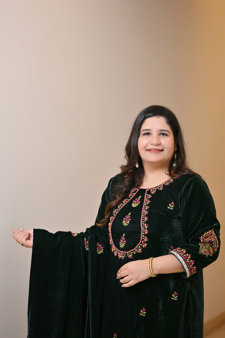 Dark Green Velvet Chikankari Suit Set - Custom Made