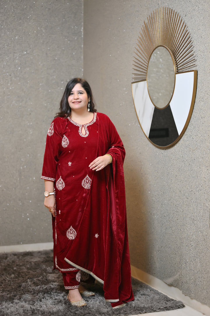 Maroon Velvet Chikankari Suit Set - Custom Made
