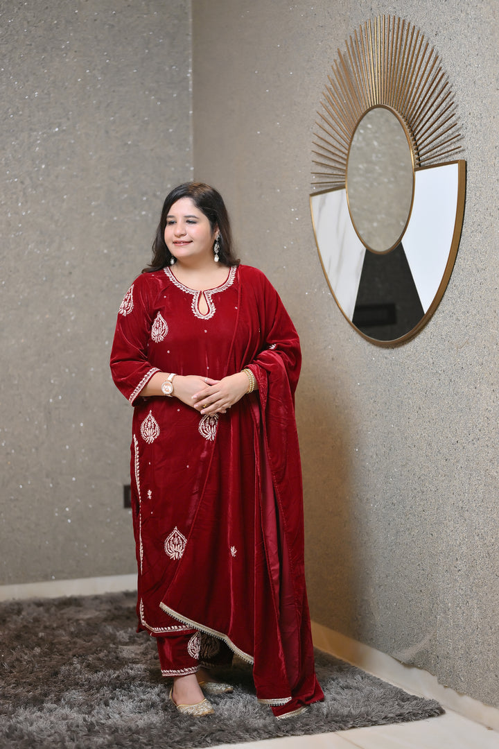 Maroon Velvet Chikankari Suit Set - Custom Made