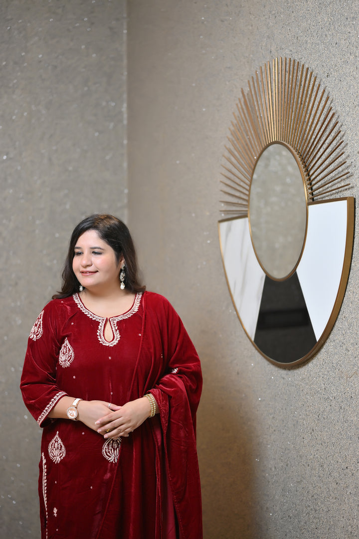 Maroon Velvet Chikankari Suit Set - Custom Made