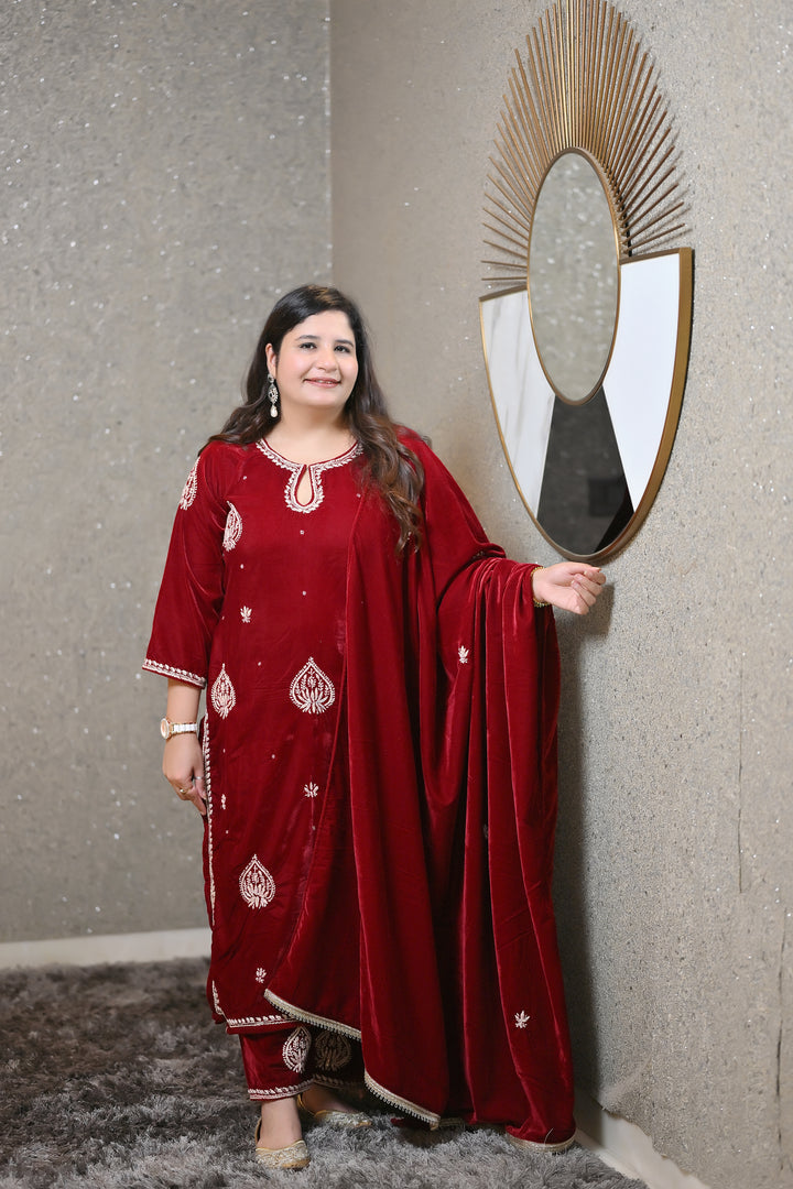 Maroon Velvet Chikankari Suit Set - Custom Made