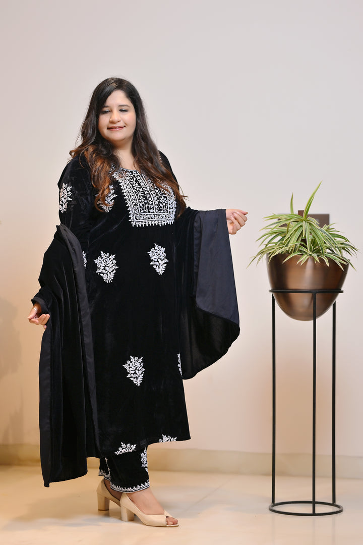 Black Velvet Chikankari Suit Set - Custom Made