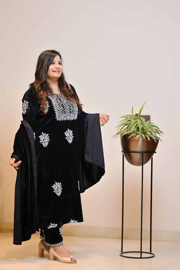 Black Velvet Chikankari Suit Set - Custom Made