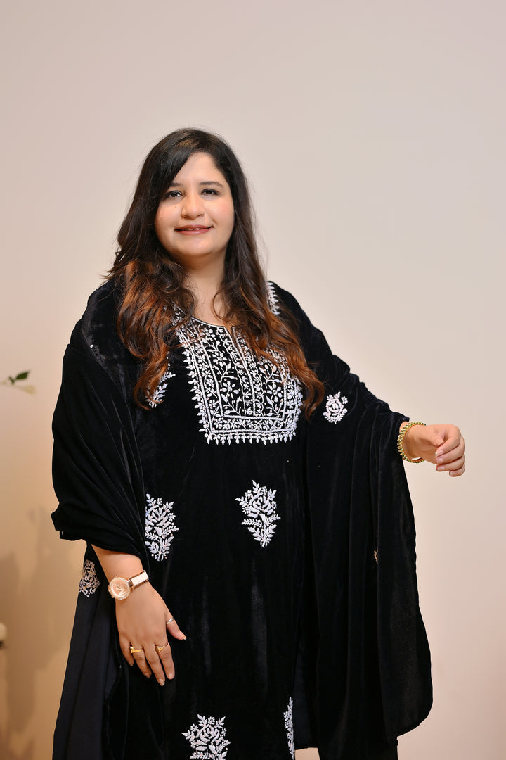 Black Velvet Chikankari Suit Set - Custom Made
