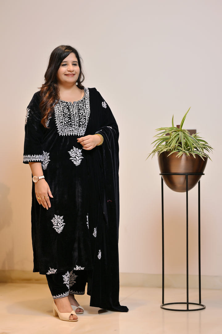 Black Velvet Chikankari Suit Set - Custom Made