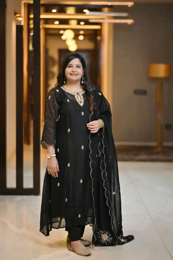 Black Hand Embroidered Suit Set-Custom Made