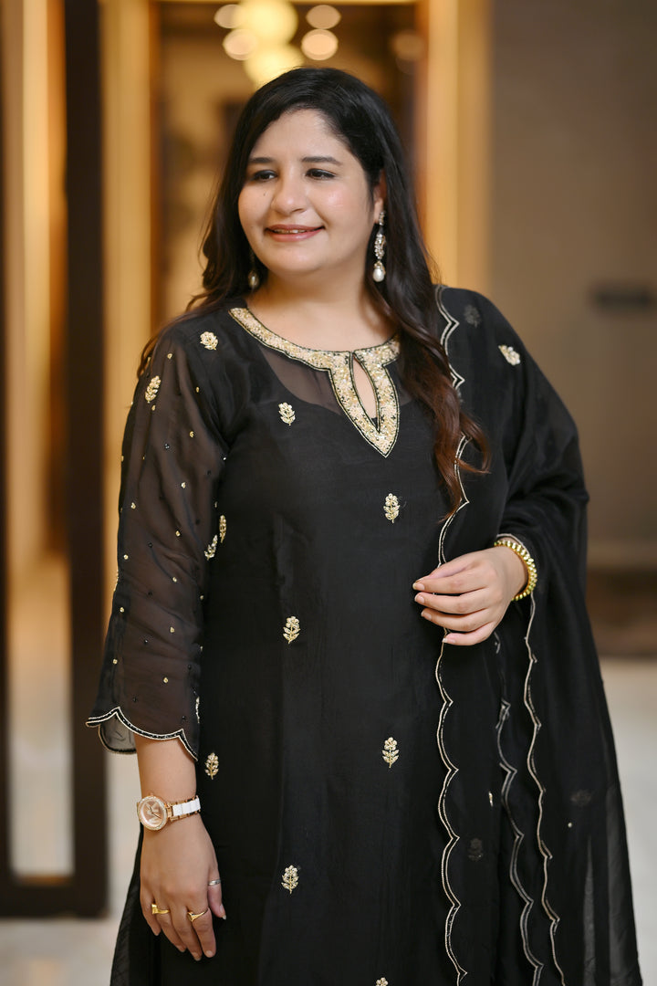 Black Hand Embroidered Suit Set-Custom Made