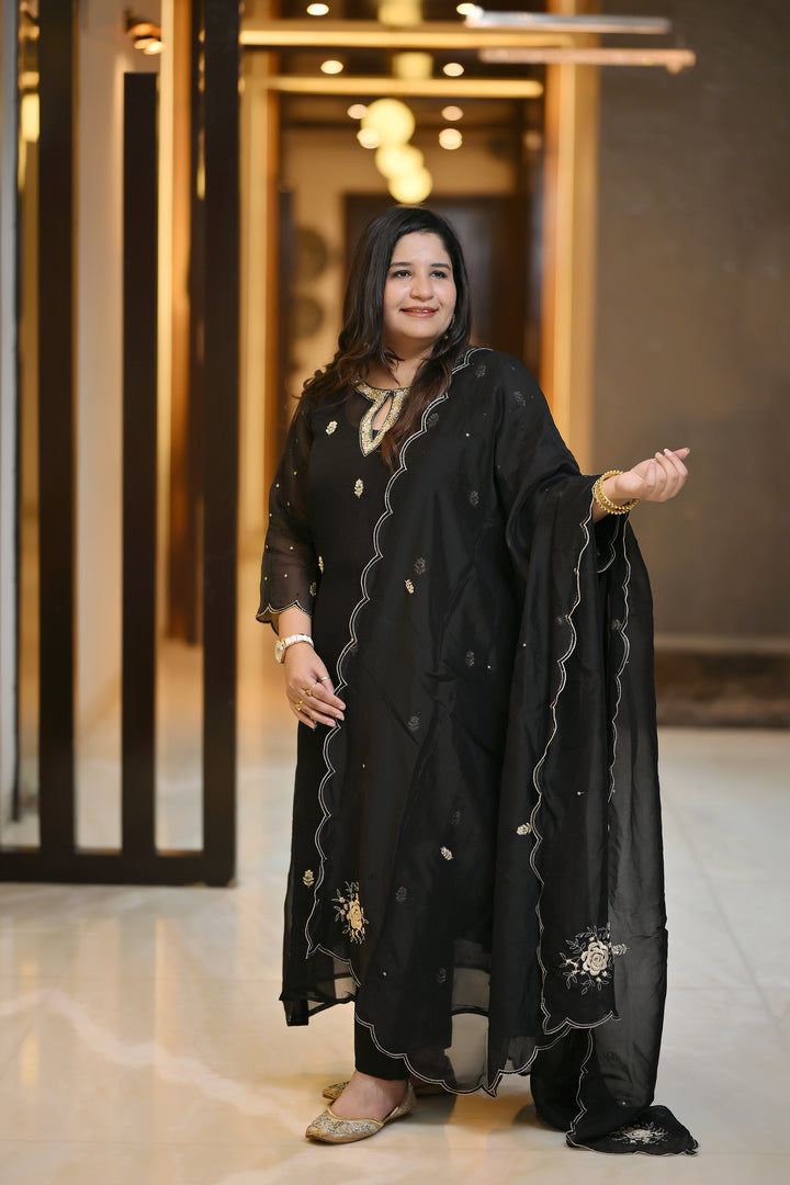 Black Hand Embroidered Suit Set-Custom Made