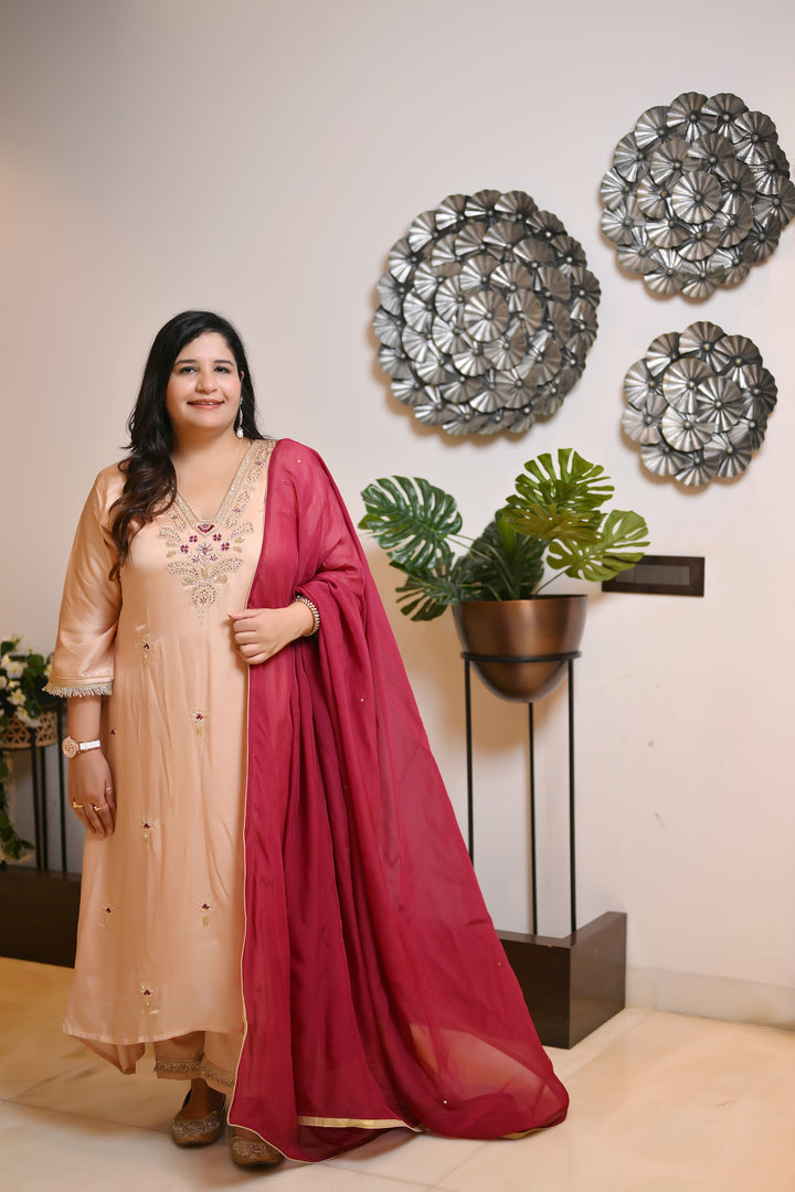 Beige Gold Hand Embroidered Suit Set-Custom Made