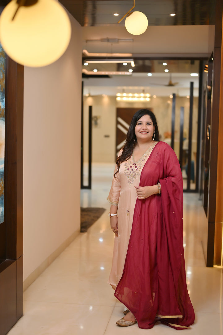 Beige Gold Hand Embroidered Suit Set-Custom Made