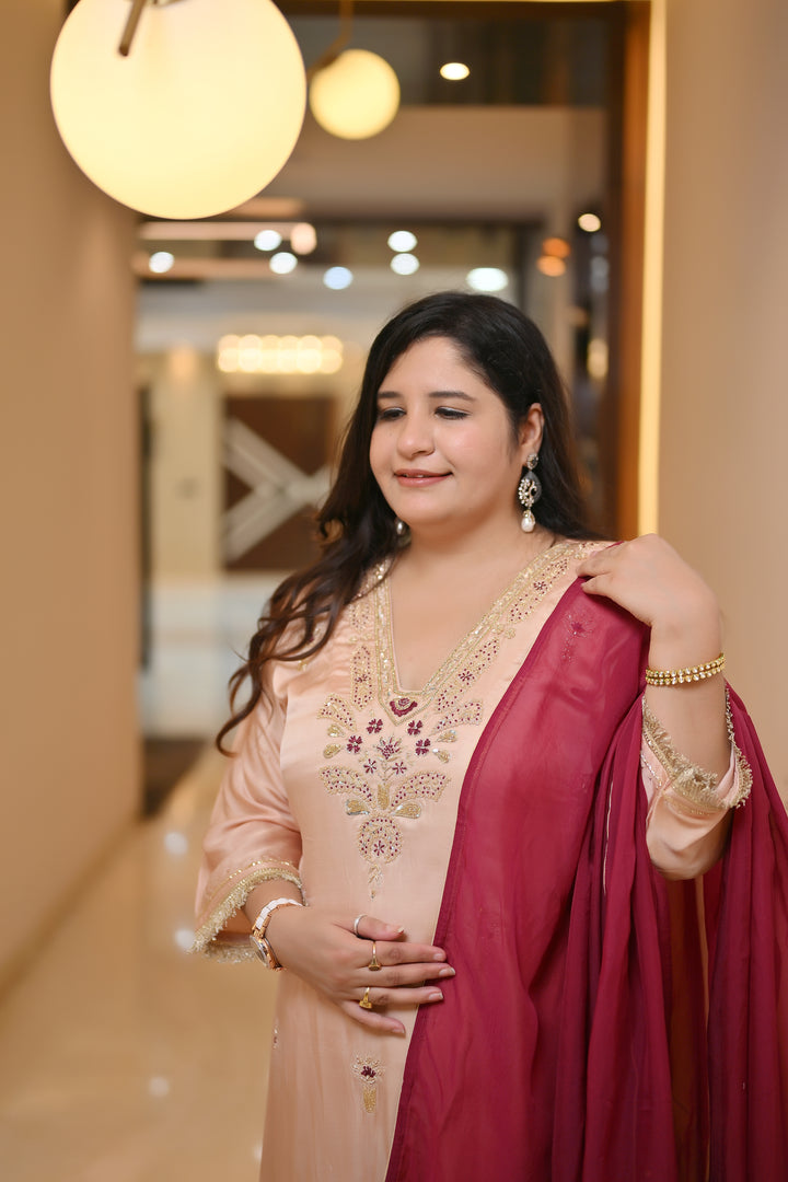 Beige Gold Hand Embroidered Suit Set-Custom Made