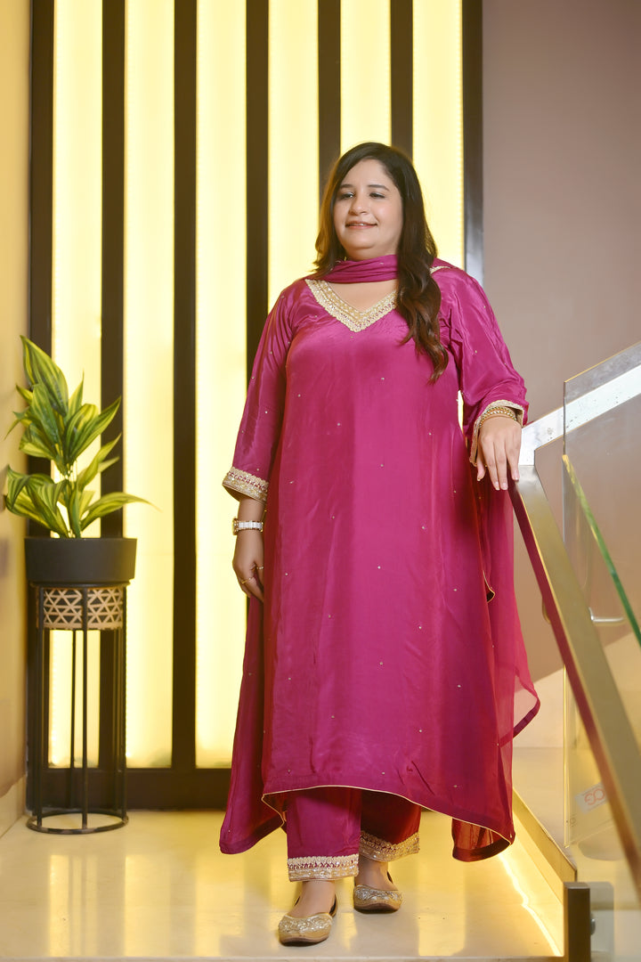 Purple A-Line Hand Embroidered Suit Set-Custom Made