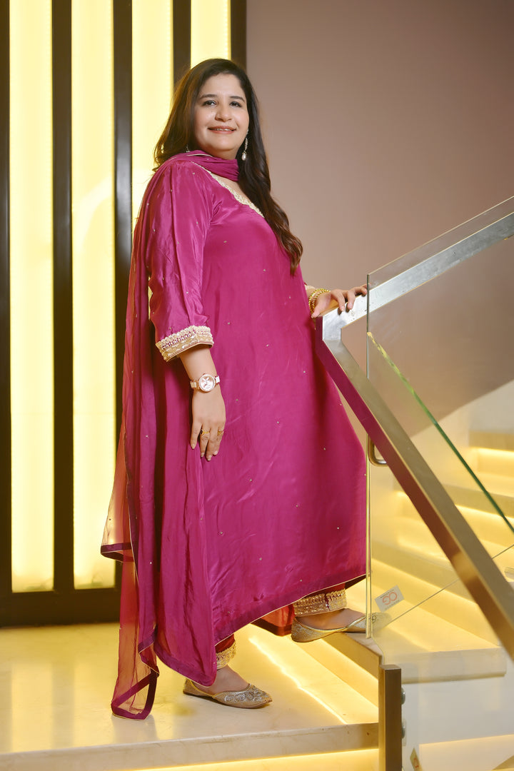 Purple A-Line Hand Embroidered Suit Set-Custom Made