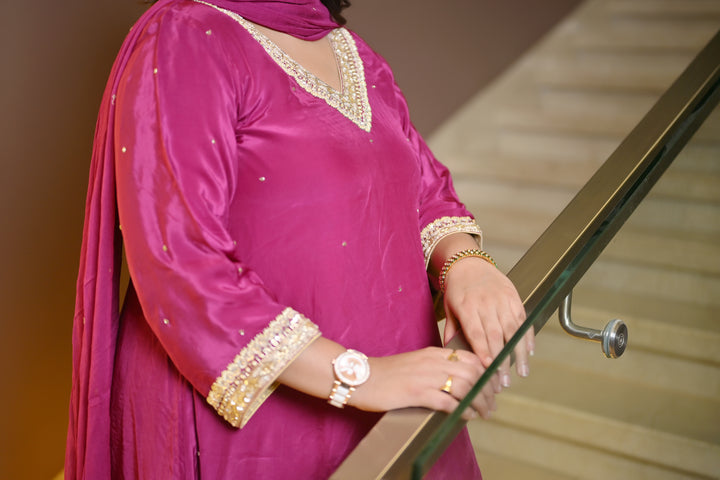 Purple A-Line Hand Embroidered Suit Set-Custom Made