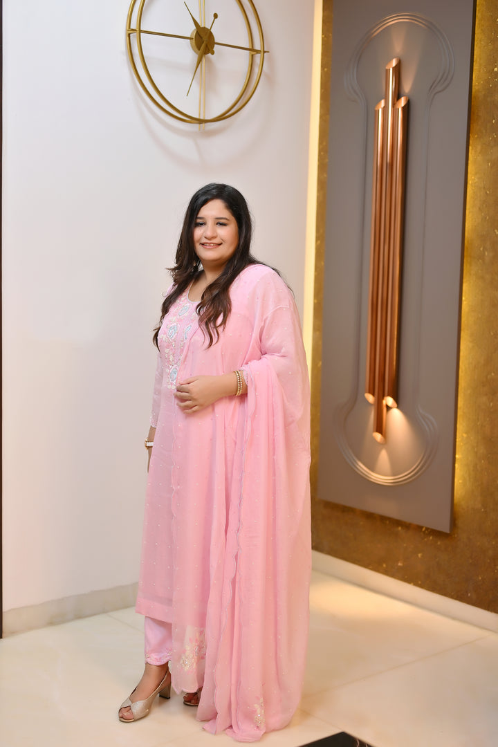 Baby Pink Hand Embroidered Suit Set-Custom Made