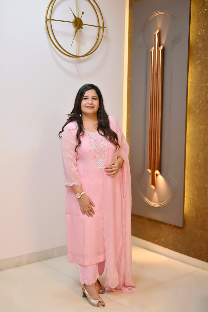 Baby Pink Hand Embroidered Suit Set-Custom Made