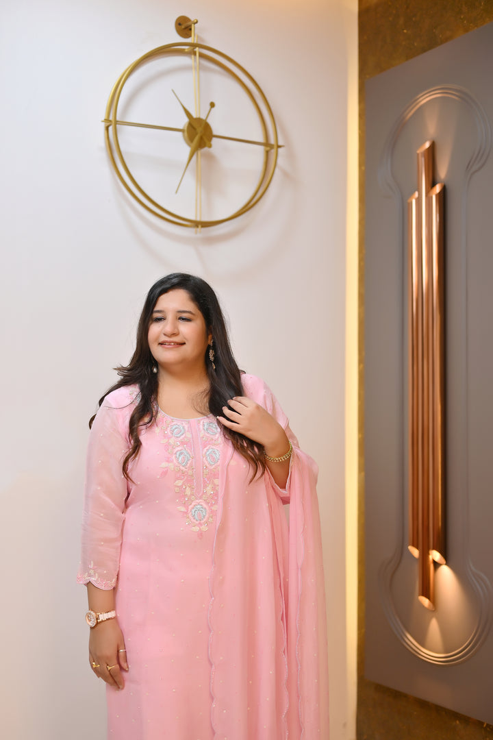 Baby Pink Hand Embroidered Suit Set-Custom Made