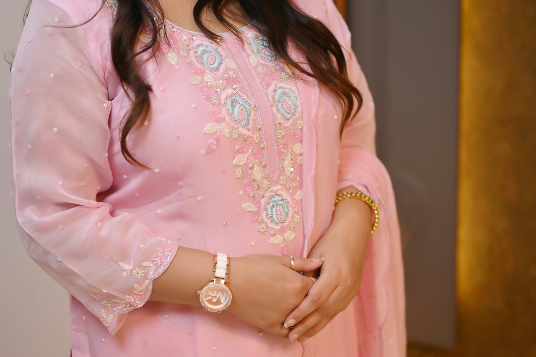 Baby Pink Hand Embroidered Suit Set-Custom Made