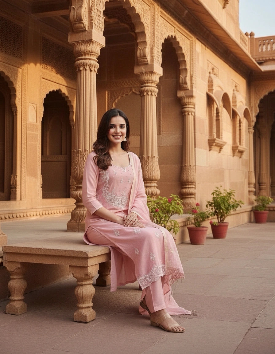 Mouve Chanderi Chikankari Suit Fabric