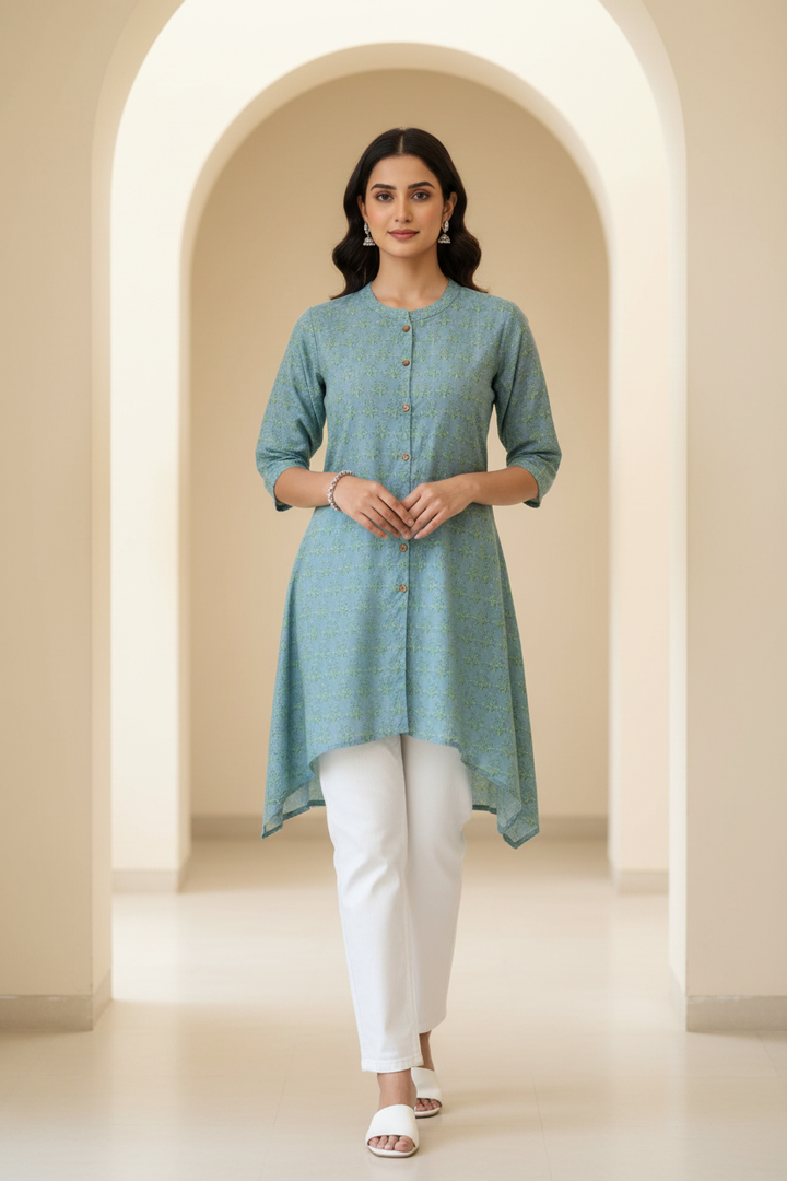 Light Green cotton Printed Short kurta