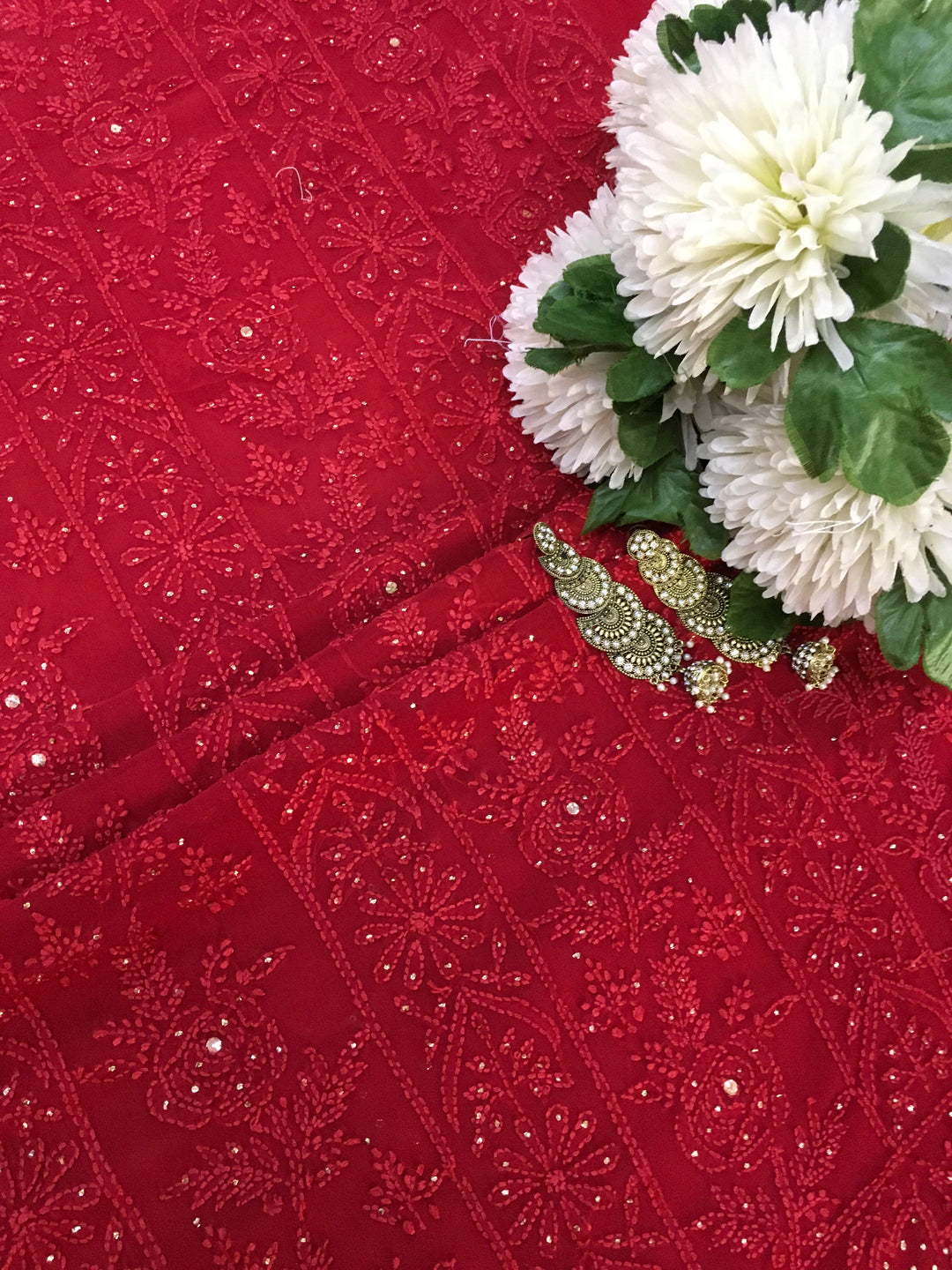 Red georgette Chikankari kurta duppata fabric