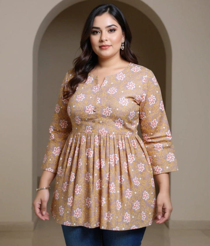 Yellow Printed Cotton Short kurta