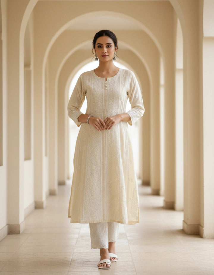 Beige Cotton Chikankari A-line kurta
