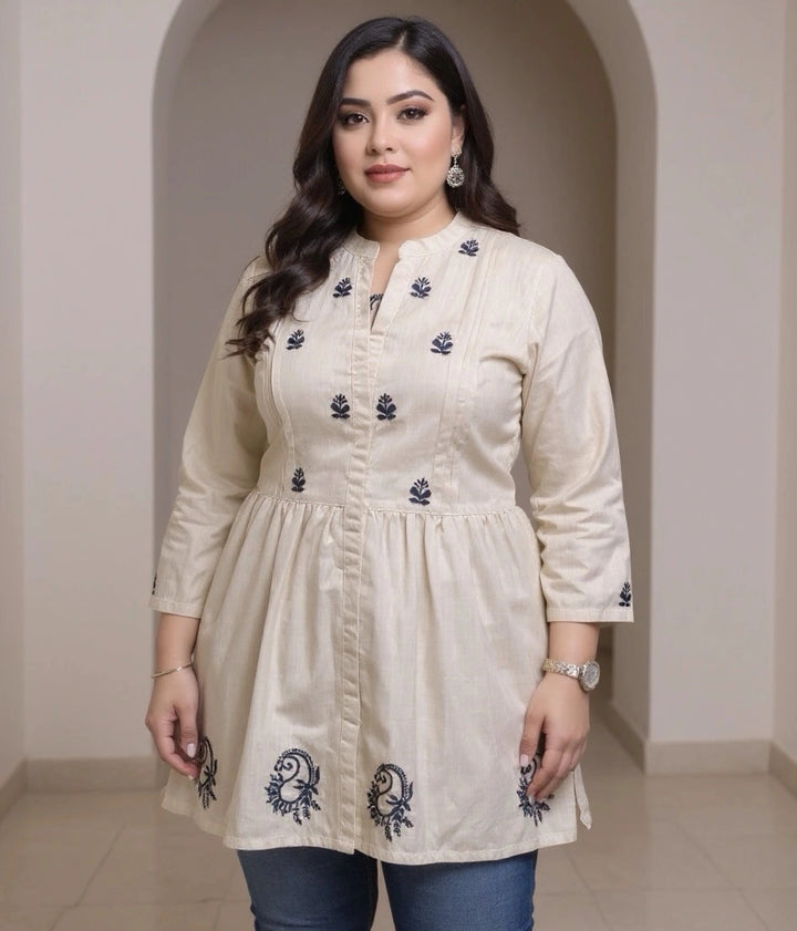 Linen Cotton Beige Chikankari Short kurta