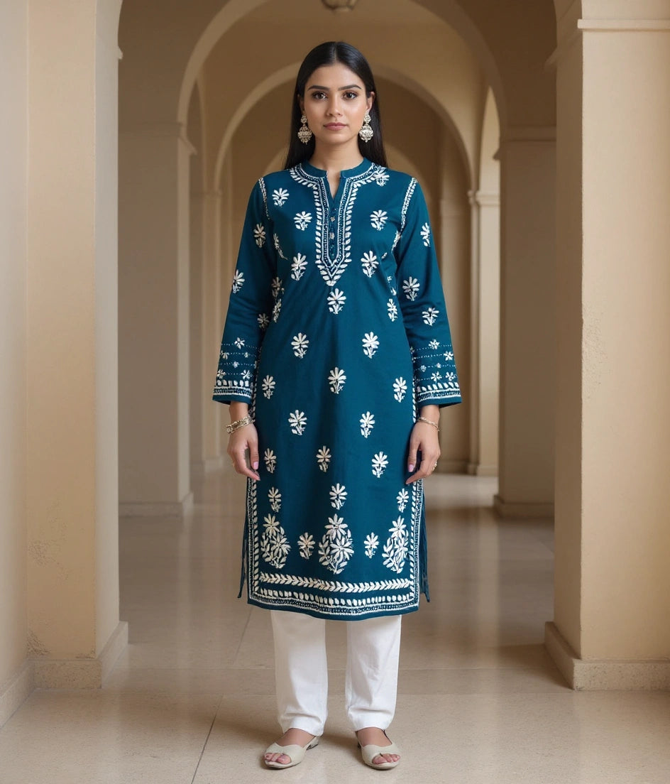 Peacock Blue Rayon Chikankari kurta