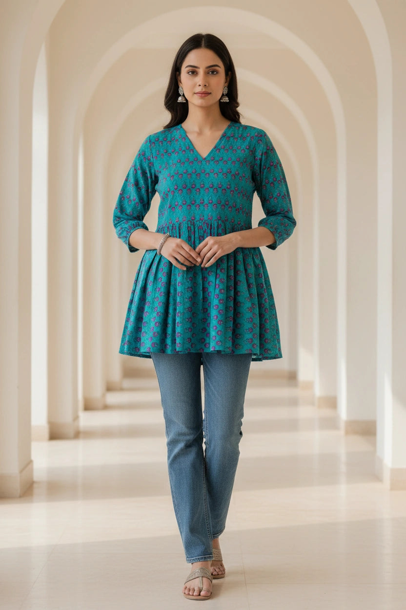 Blue Printed Cotton Short kurta