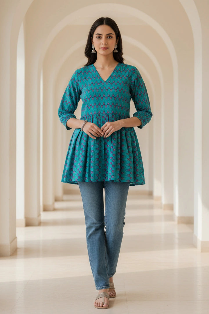 Blue Printed Cotton Short kurta