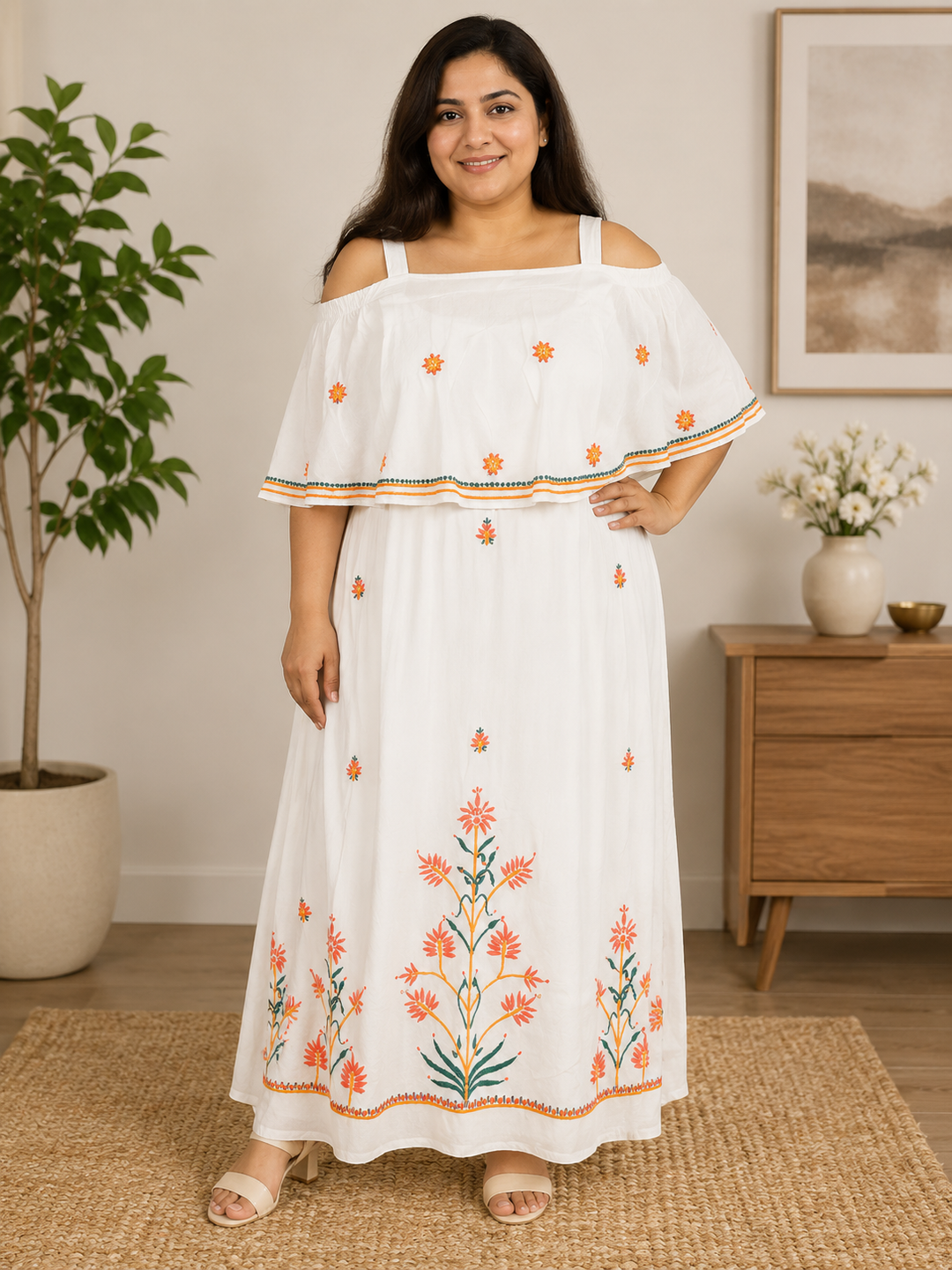 White rayon Chikankari off Shoulder Dress