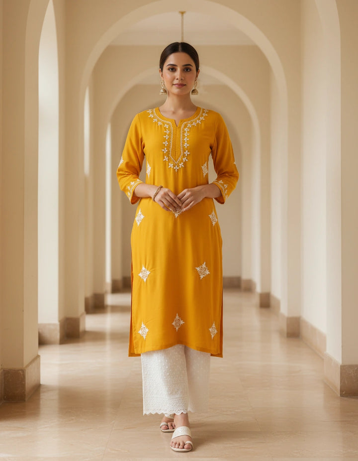Dark Yellow Modal Chikankari kurta