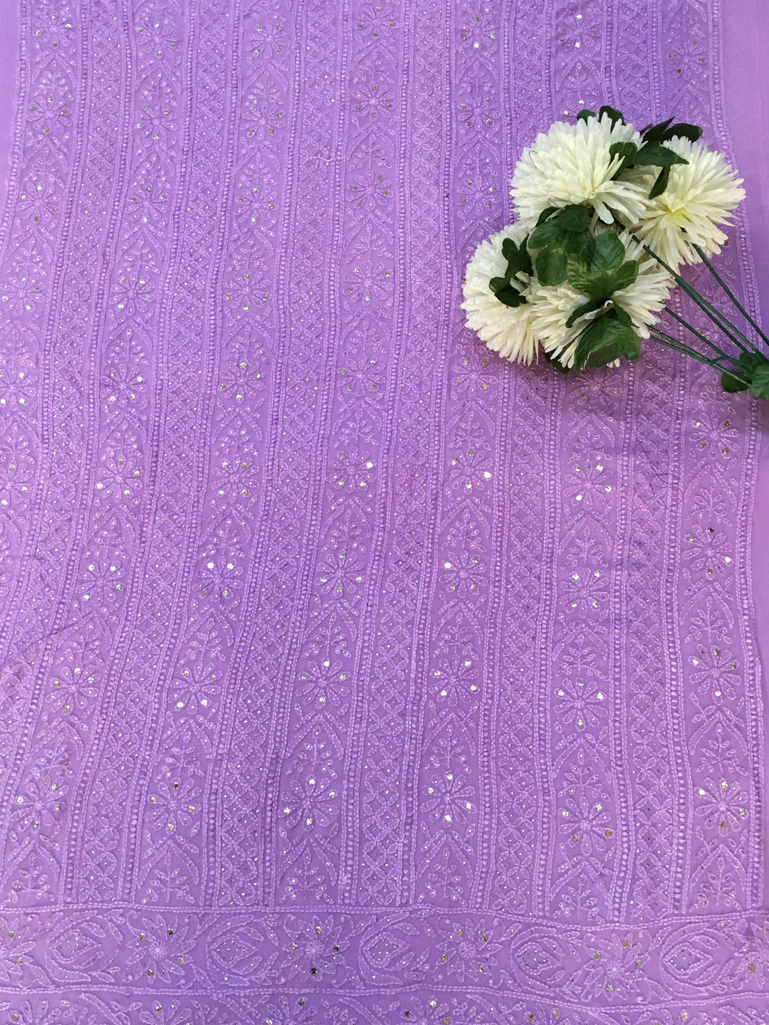 Lavender Pure Georgette Chikankari Kurta Duppata Fabric
