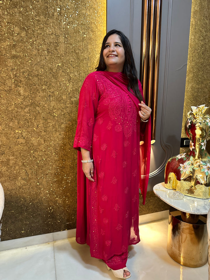 Rani Pink Chikankari Georgette Suit Set-Custom Made