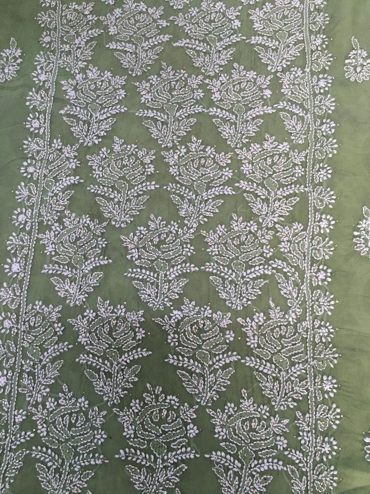 Olive green Chikankari Orzanga Kurta duppata Fabric